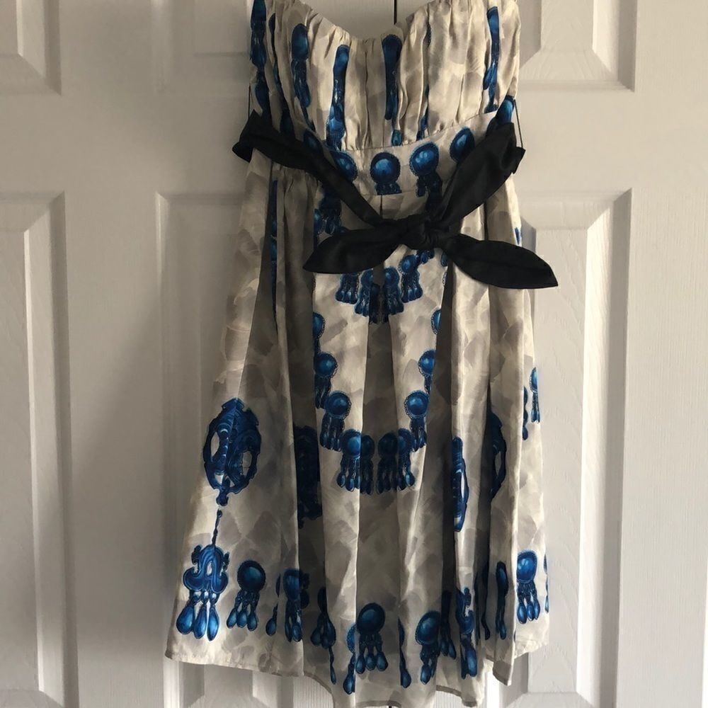 Nanette Lepore Grey & Blue Silk Strapless Dress Size 6 – Bow Optional